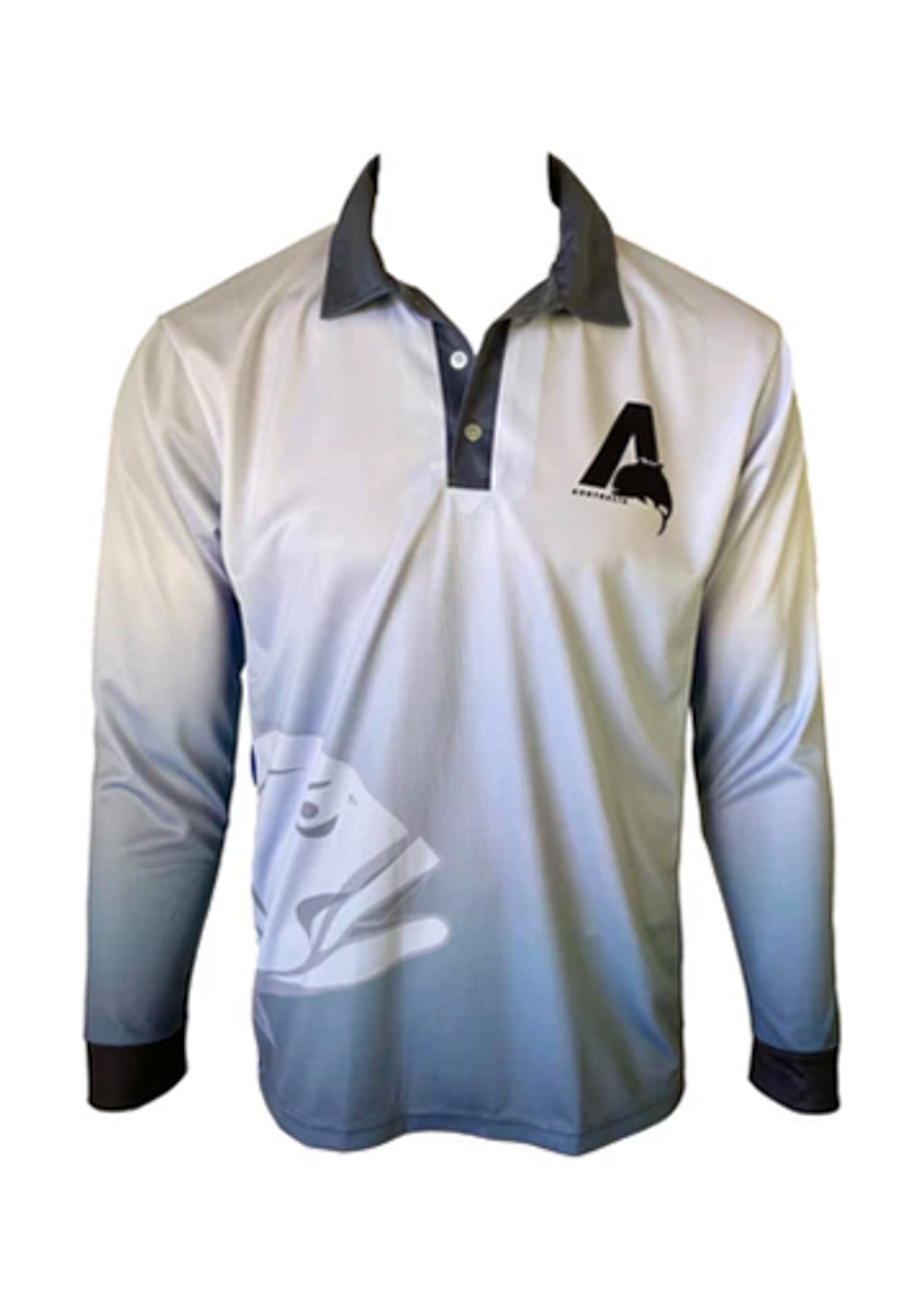White long-sleeve polo shirt with black collar and sleeve edges, featuring a logo on a white background.