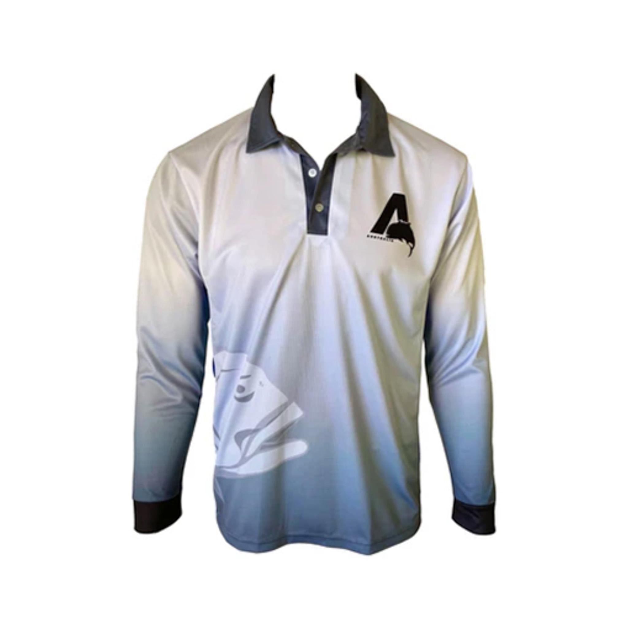 Lightweight UPF50 men's fishing shirt with grey gradient, collared neckline, and giant trevally graphic design.