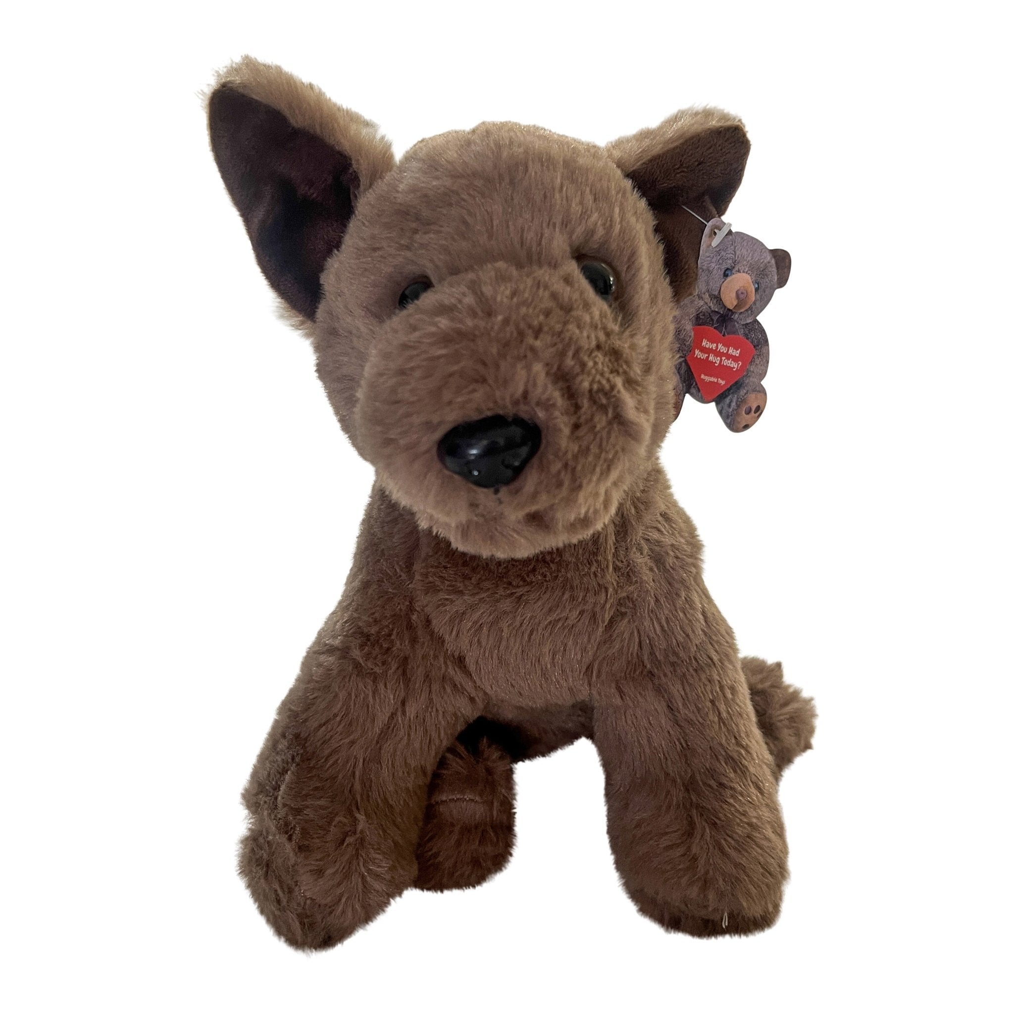 Sitting brown plush Kelpie dog soft toy, 25cm, with black nose, eyes, and a red heart tag.