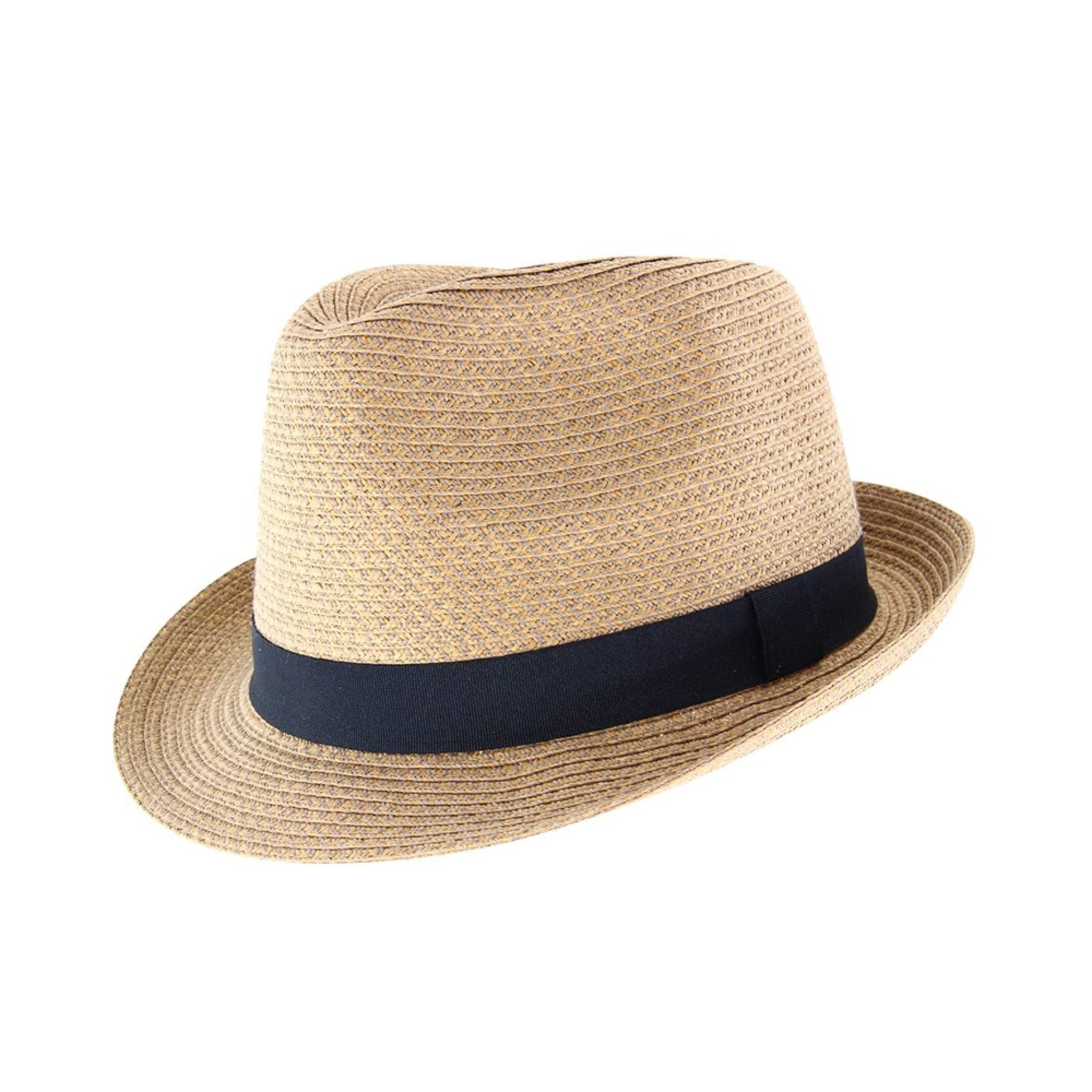 Resort Trilby Unisex Hat In Caramel straw hat with a navy band on a white background