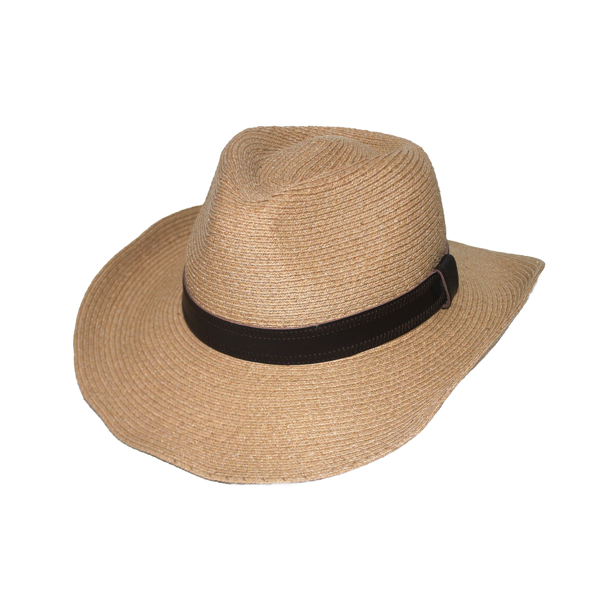 Natural Madagascan raffia cowboy hat with a wide, moldable brim and dark leather strap. UPF50+ sun protection. straw hat with a black band on a white background
