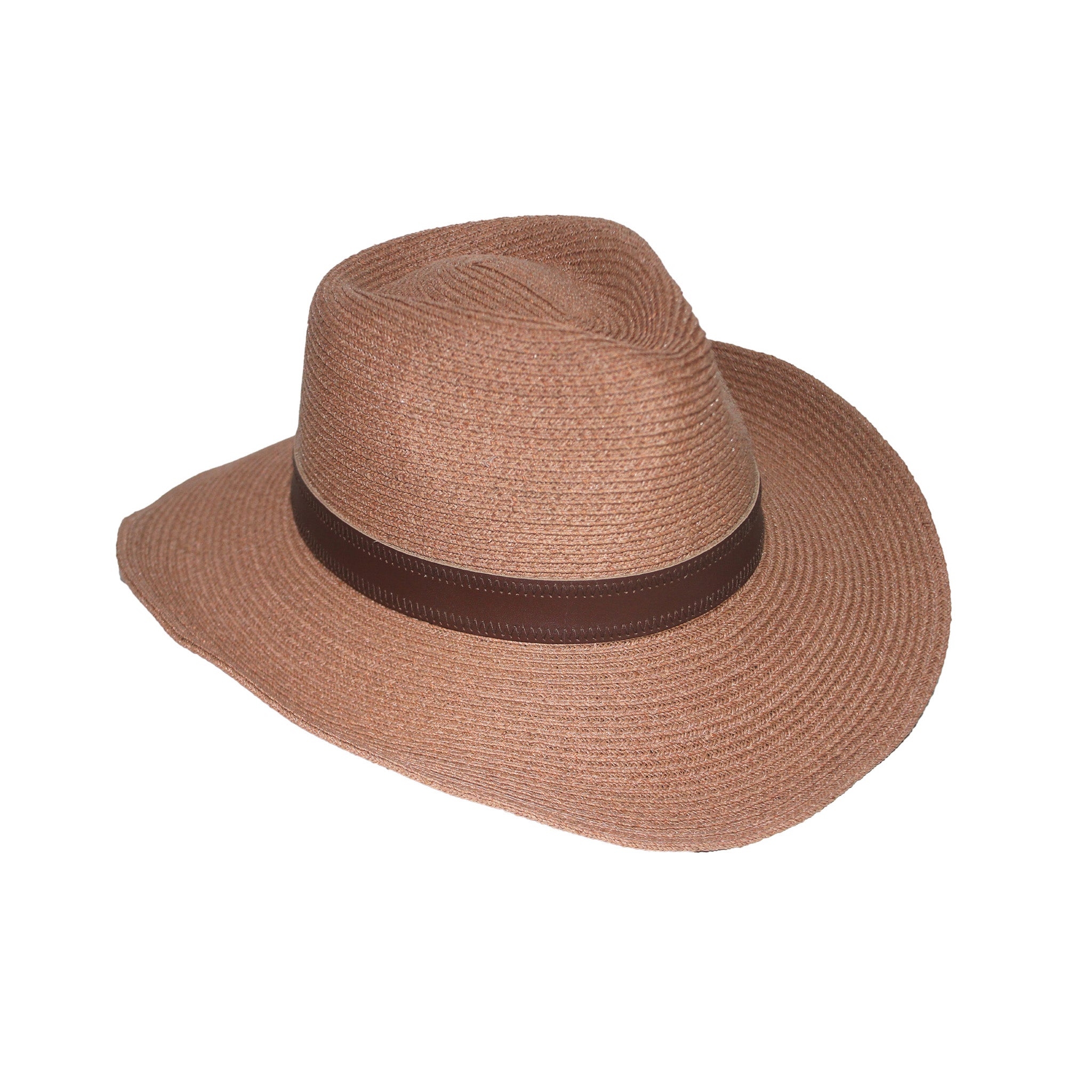 Natural Madagascan raffia cowboy hat with a wide brim and dark brown leather band straw hat with a brown band on a white background