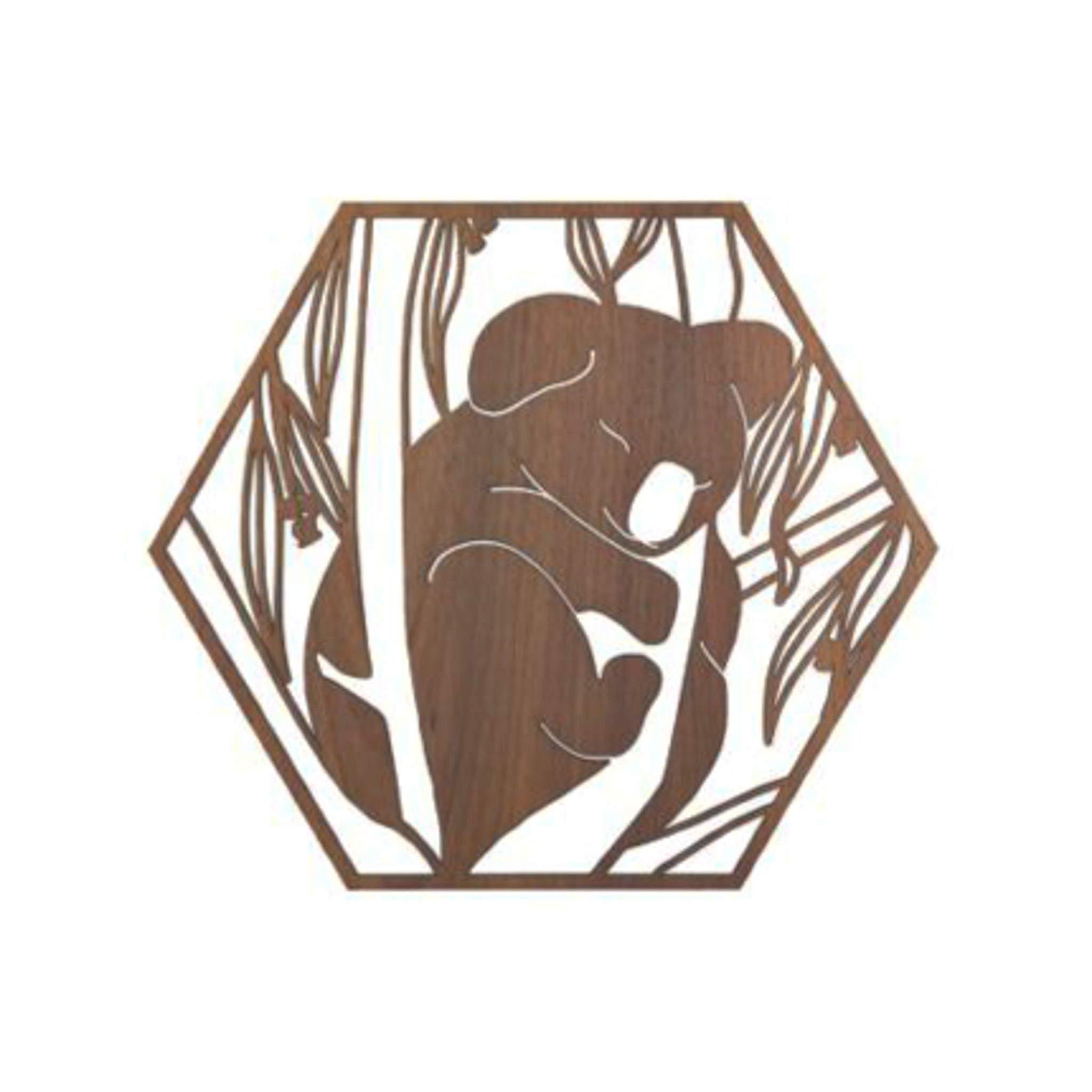 Decorative sleeping koala in a gum tree timber cut out wall art on a white background.