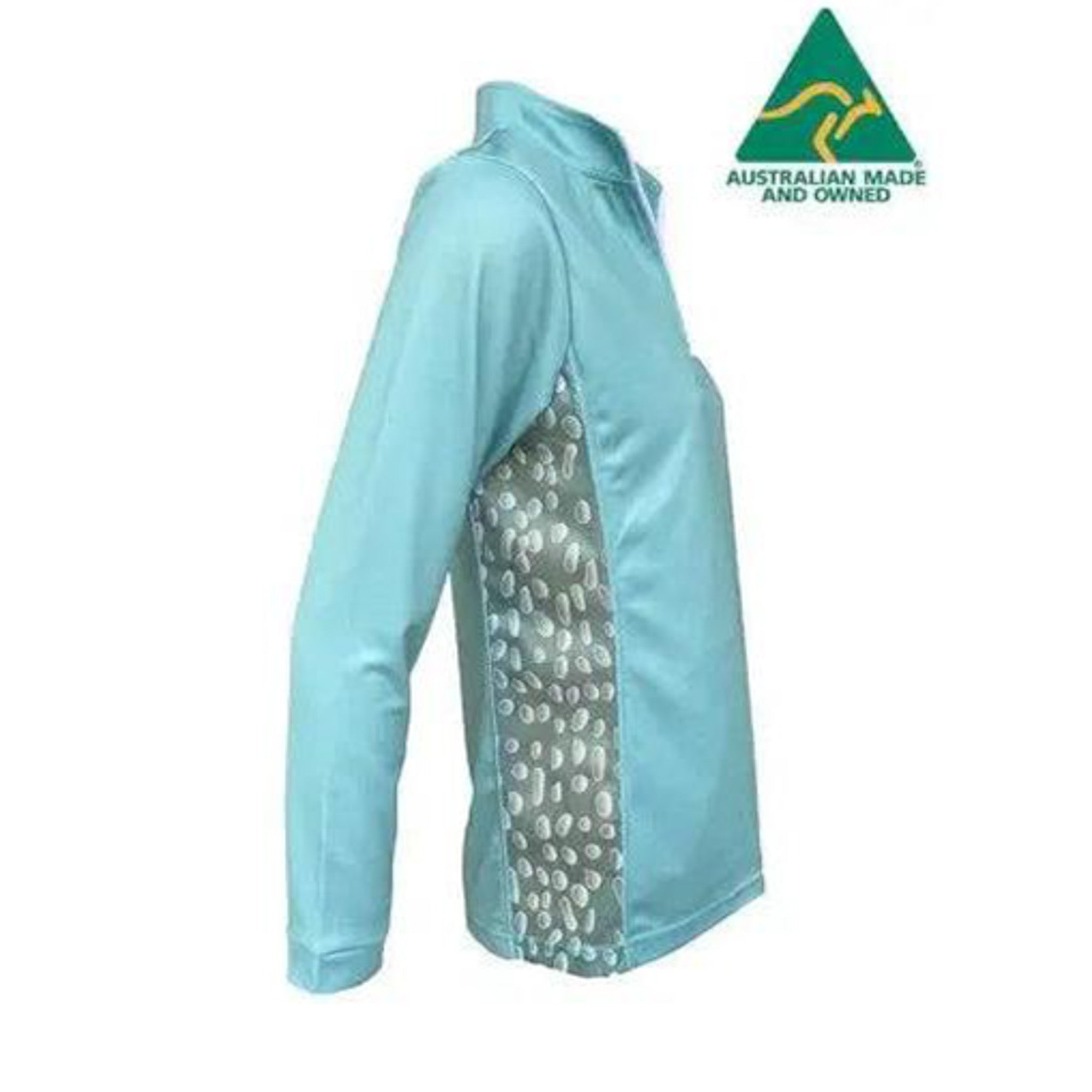 Women's Spindrift UPF50 sun shirt in light blue with zip collar and ocean spray patterned side panels.