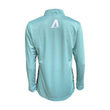 Women's Spindrift sun shirt, aqua blue long-sleeve with white logo and patterned vented side panels.