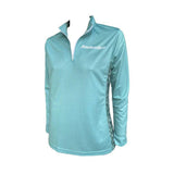 Anchorline Spindrift women's teal UPF50 sun shirt with white quarter-zip and patterned breathable side vents.