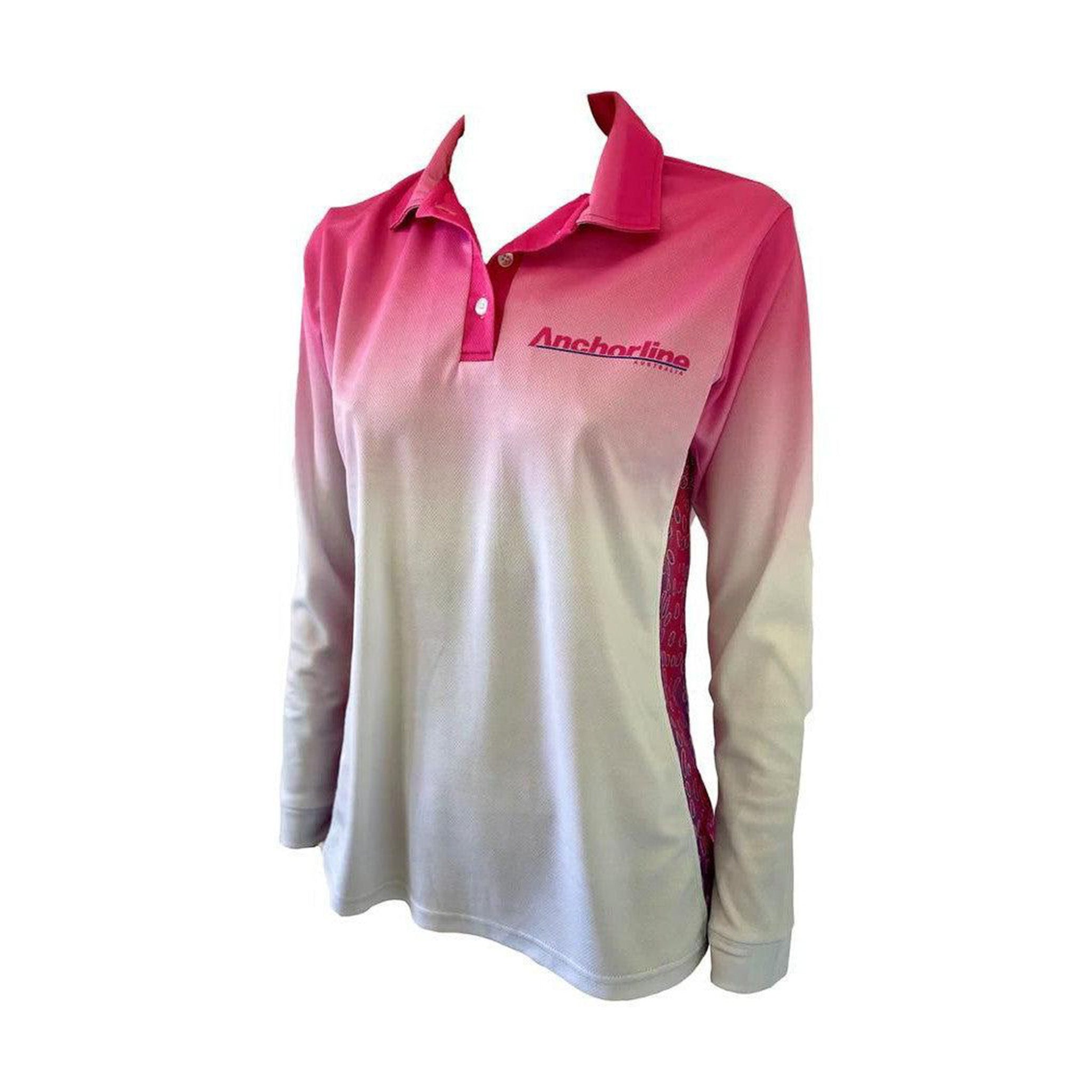 Women's pink and white ombre long-sleeve polo sun shirt with Anchorline logo and patterned, vented side panels.