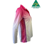 Women's pink gradient long sleeve polo sun shirt with stickbait pattern side panels, UPF50.
