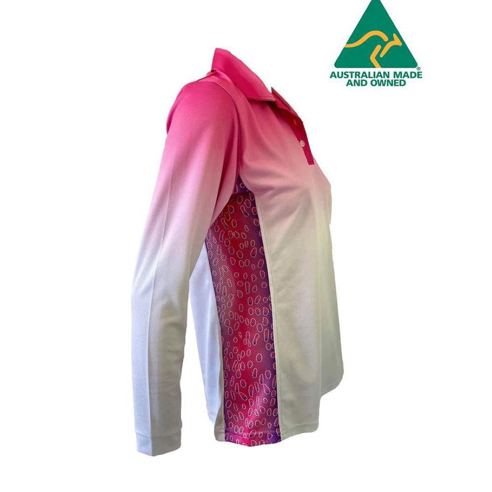 Women's pink gradient long sleeve polo sun shirt with stickbait pattern side panels, UPF50.