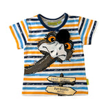 Boys' striped cotton t-shirt with orange, white, blue, a cartoon emu with fluffy tuft, and "Next 750km Port Douglas" signs.