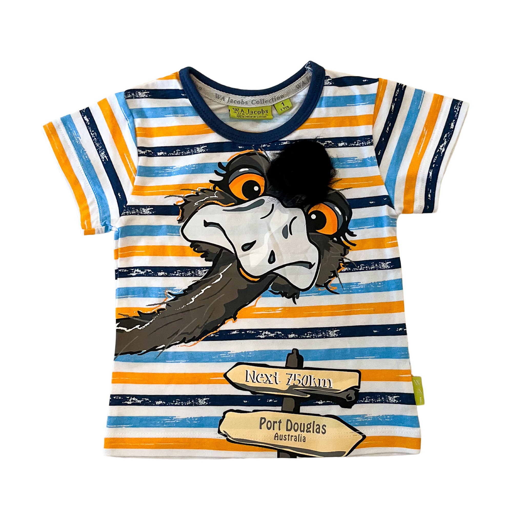 Boys' striped cotton t-shirt with orange, white, blue, a cartoon emu with fluffy tuft, and "Next 750km Port Douglas" signs.