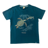 Teal men's 100% cotton t-shirt featuring two swimming sea turtles and "Port Douglas Great Barrier Reef" graphic.