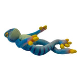 Soft 30 cm blue and green velour tree frog plush toy with dark striped limbs and yellow bulging eyes.