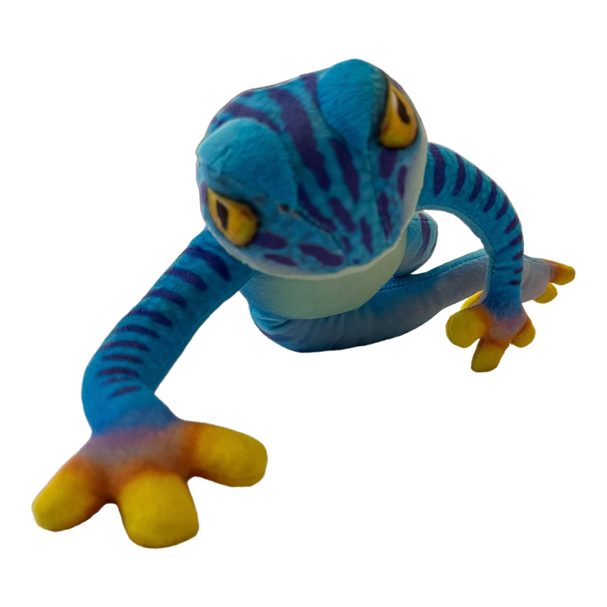 Cuddly blue velour tree frog plush toy, 30cm, with purple stripes, large yellow eyes, and orange-yellow toes.