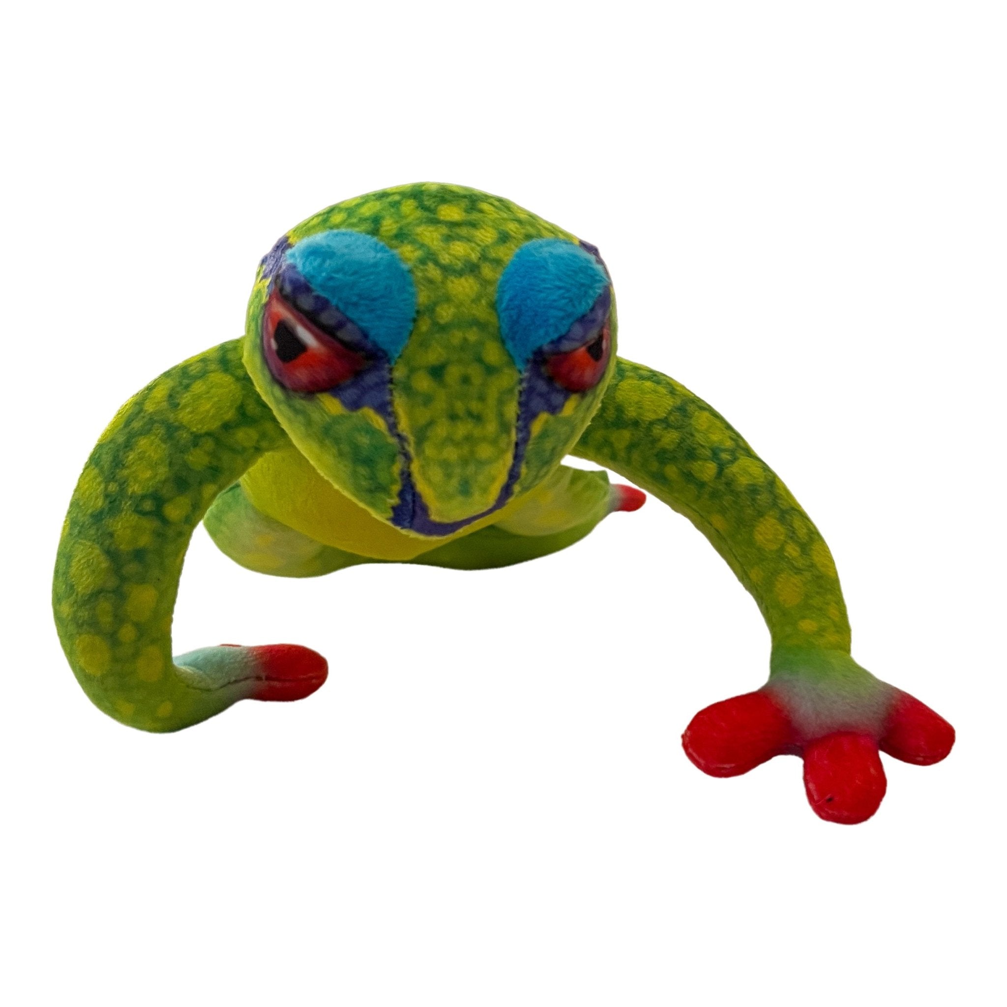 Bright green spotted tree frog plush toy, 30cm, with big blue-rimmed eyes and red toes, made of soft velour.