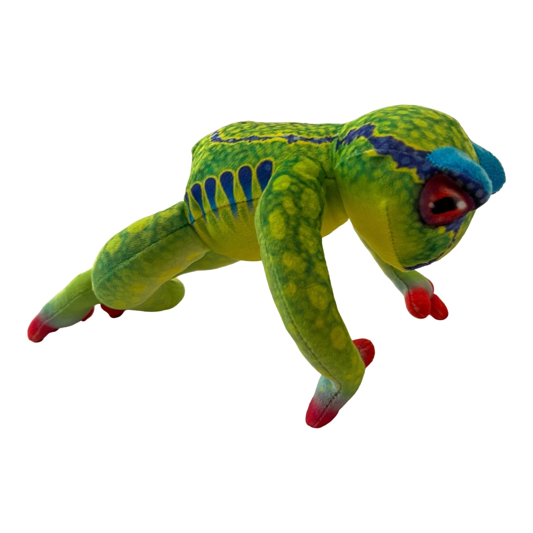 Vibrant green velour tree frog plush toy with yellow spots, blue markings, red toes, and large red eyes.
