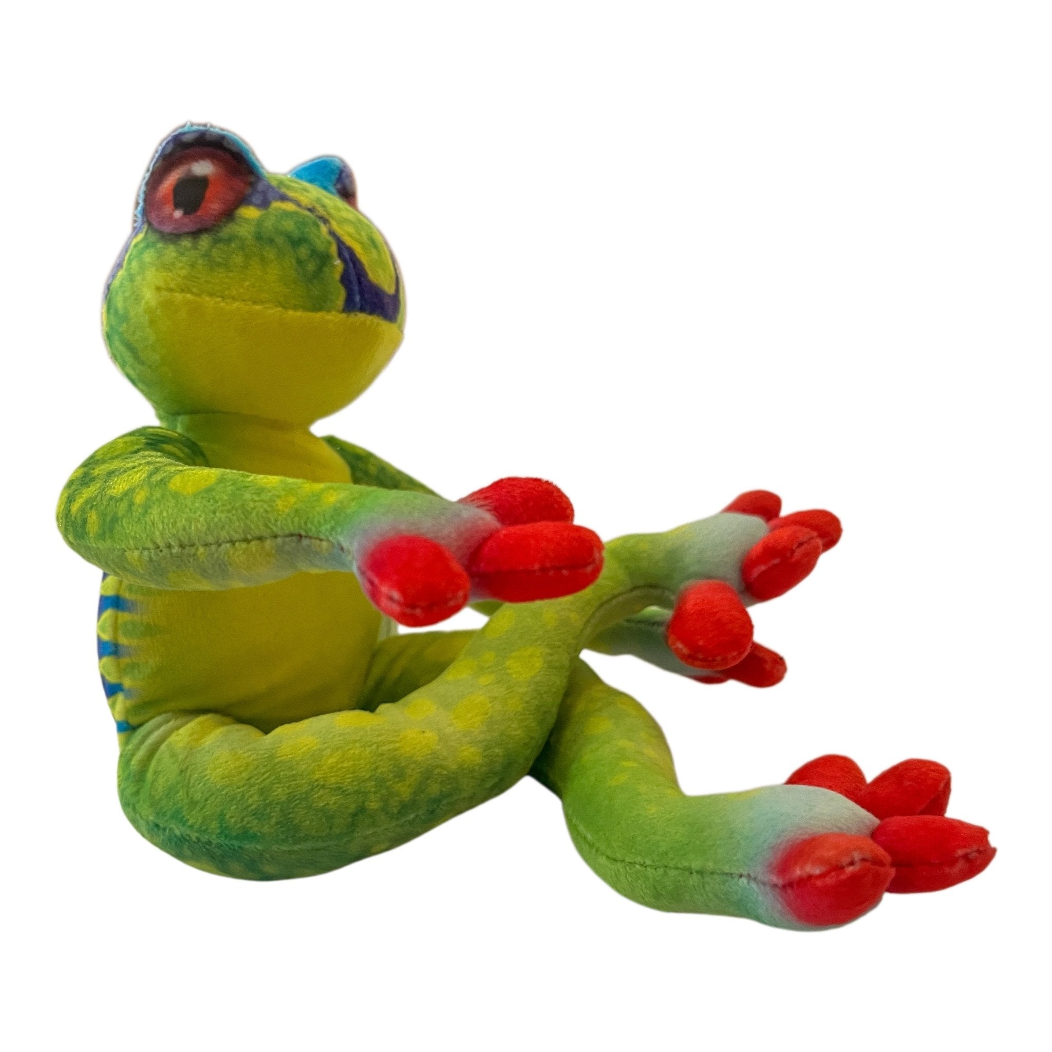 Cuddly 30cm green velour tree frog plush toy with red toes, bulging eyes, and spotted pattern.