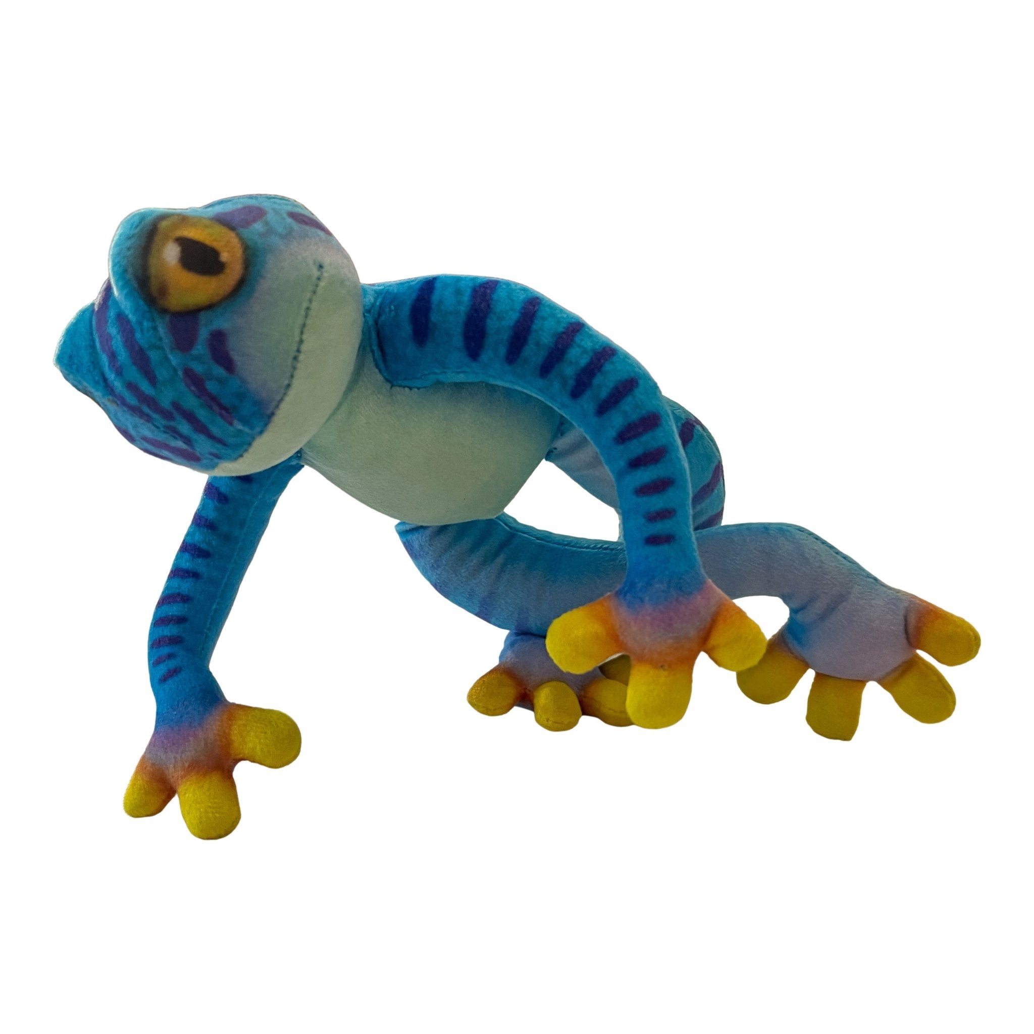 30 cm soft blue velour tree frog plush with dark stripes, yellow eyes, and multi-colored toes, posed to leap.