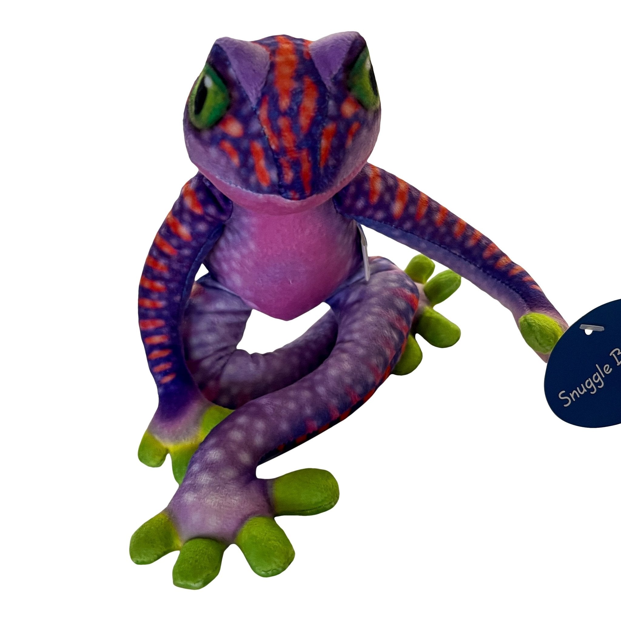 Soft velour purple and orange spotted tree frog plush toy, 30cm, with big green eyes.