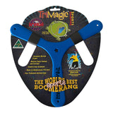 Blue Tri Magic three-bladed sports boomerang for kids, Australian made, on branded packaging.