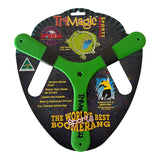 Bright green Tri Magic three-winged sports boomerang, Australian made from tough polymer, for kids and learning.