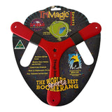 Red Tri Magic sports boomerang for kids, packaged with instructions. Made of unbreakable polymer, Australian-made.