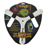 White TriMagic three-bladed polymer sports boomerang with black bands and star cutout, on branded retail packaging.
