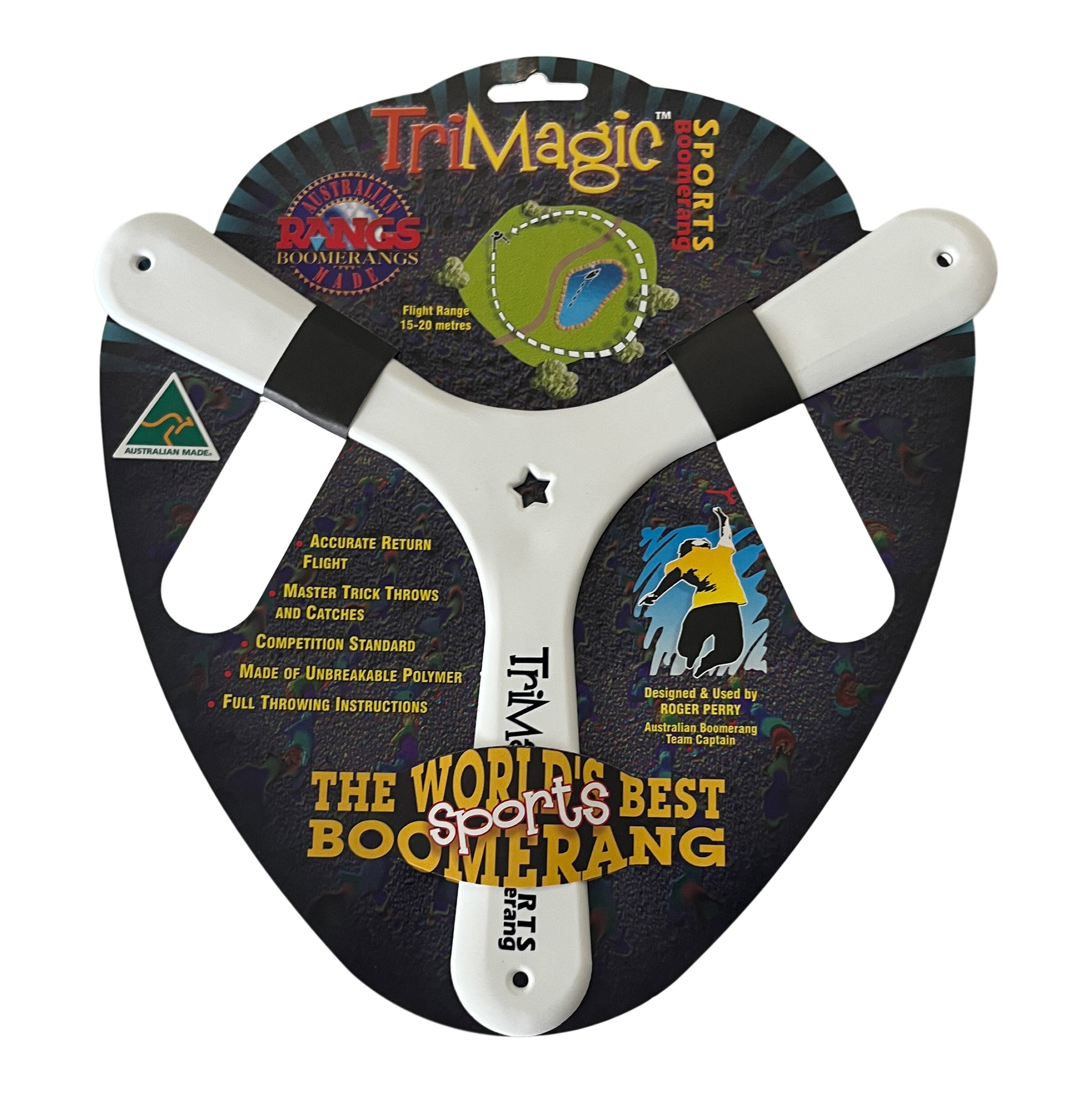 White TriMagic three-bladed polymer sports boomerang with black bands and star cutout, on branded retail packaging.