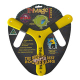 Bright yellow Tri Magic kids sports boomerang, Australian made unbreakable polymer, with a star cutout, in retail packaging.