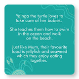 Teal story card with white text about Yalnga the turtle and her babies, featuring light Aboriginal turtle art.