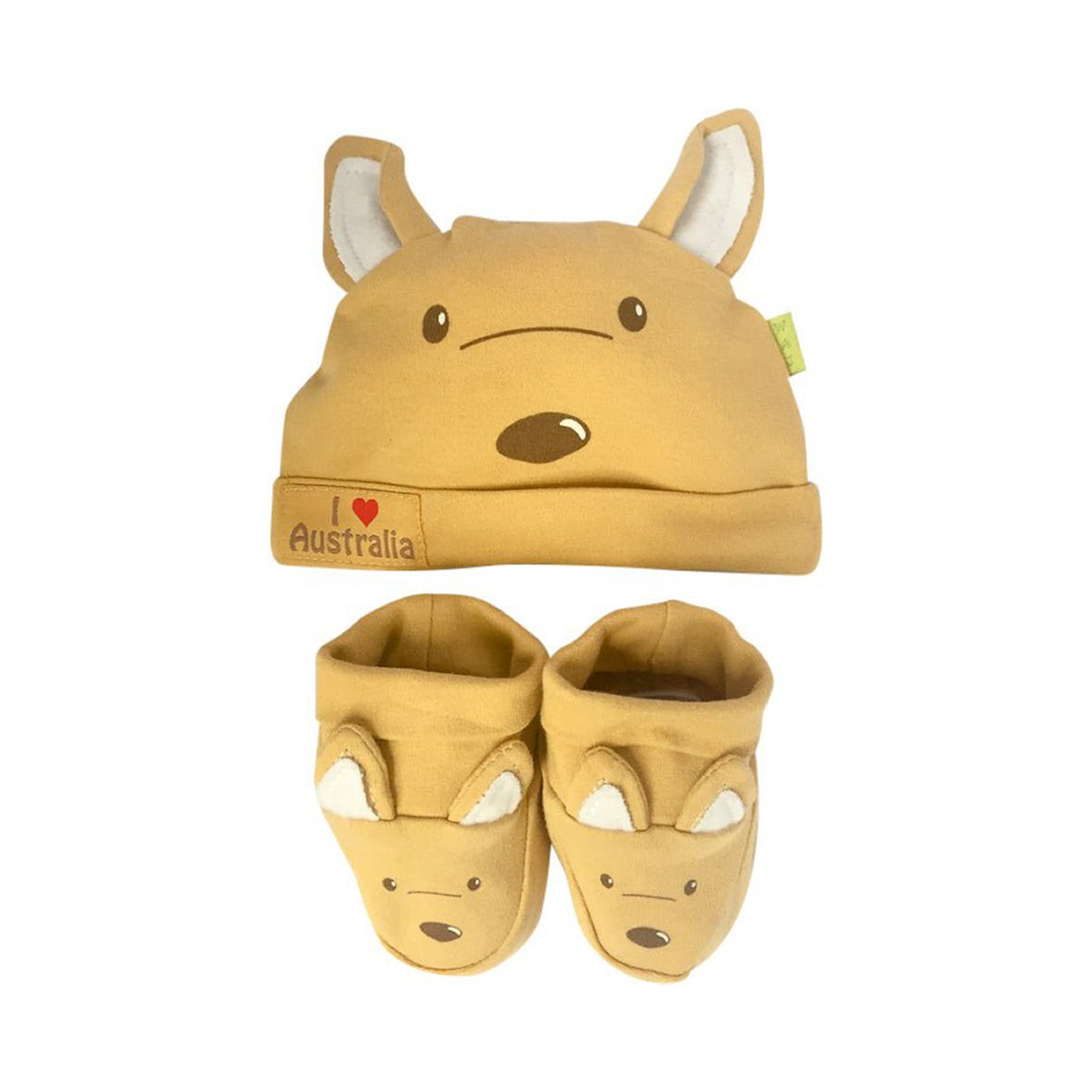 Mustard coloured 100% cotton newborn kangaroo hat and booties set with "I ❤️ Australia" tag set on a white background