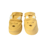 Mustard yellow 100% cotton baby booties featuring cute kangaroo faces with embroidered details and white ears.