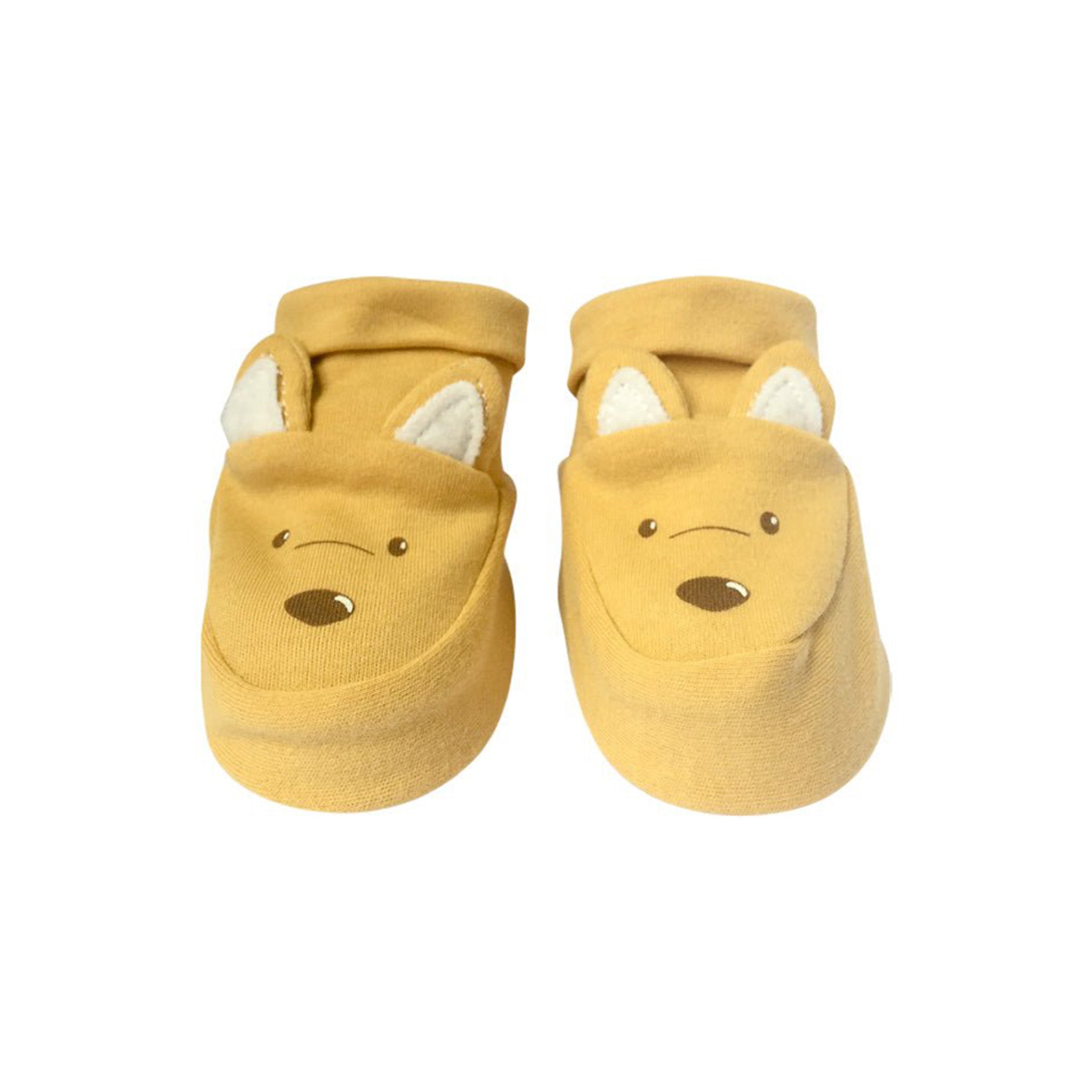 Mustard yellow 100% cotton baby booties featuring cute kangaroo faces with embroidered details and white ears.