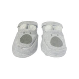 Pair of gray baby booties with animal face design on a white background