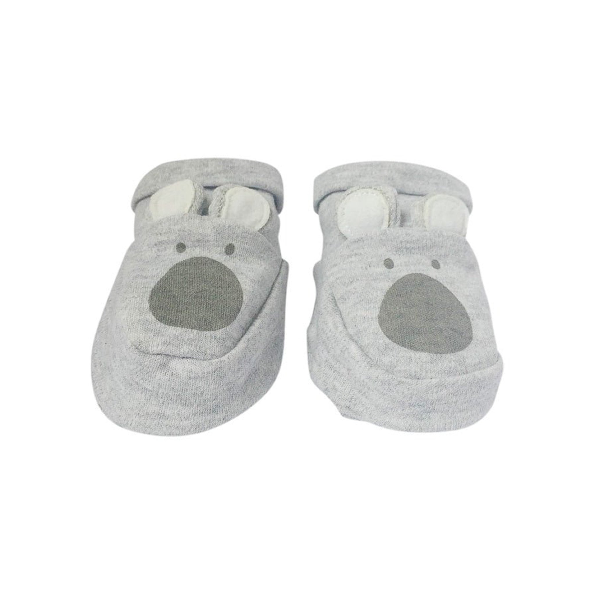 Pair of gray baby booties with animal face design on a white background