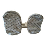Grey cotton baby booties soles with dark grey polka dot grippy treads, size 0-6 months.