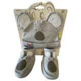 Grey 100% cotton koala baby hat and booties set for newborns, featuring ear details and an "I heart Australia" tag.