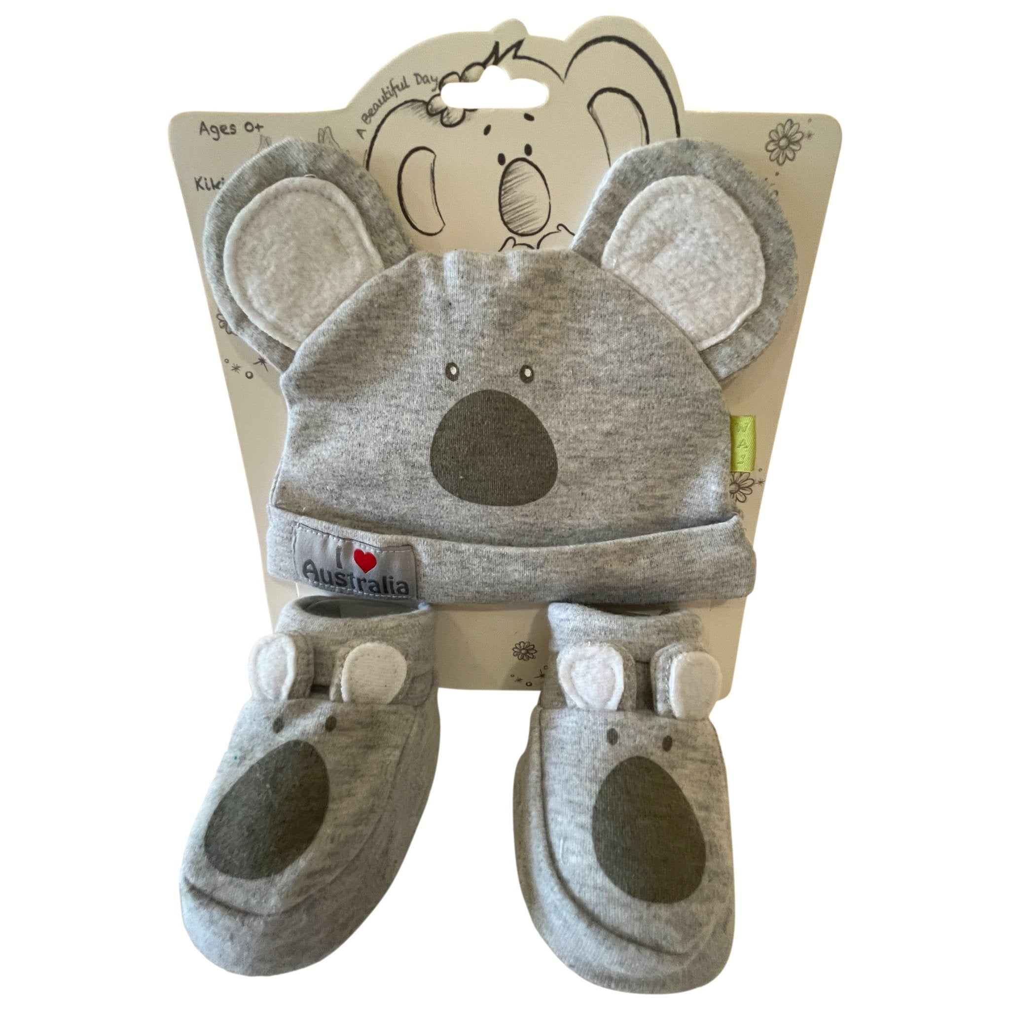 Grey 100% cotton koala baby hat and booties set for newborns, featuring ear details and an "I heart Australia" tag.