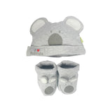 Gray koala hat and booties set on a white background