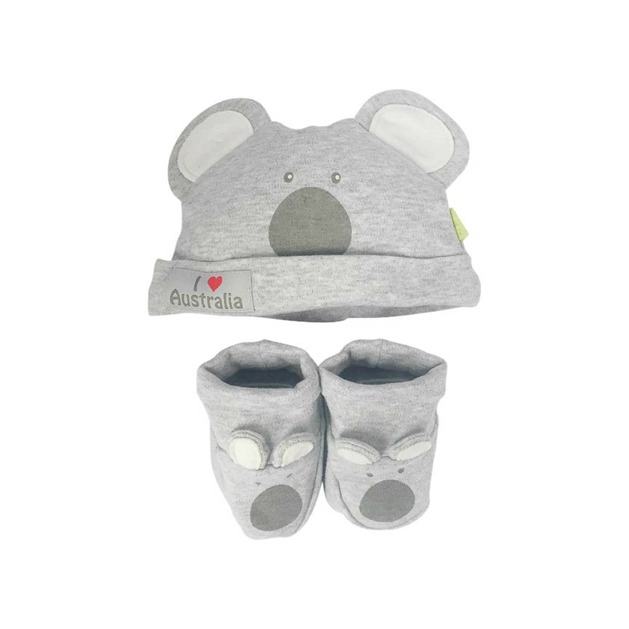 Gray koala hat and booties set on a white background