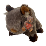 Cuddly gray-brown Walter the Wombat soft plush toy, with dark brown ears, nose, feet, and a small teddy bear charm.