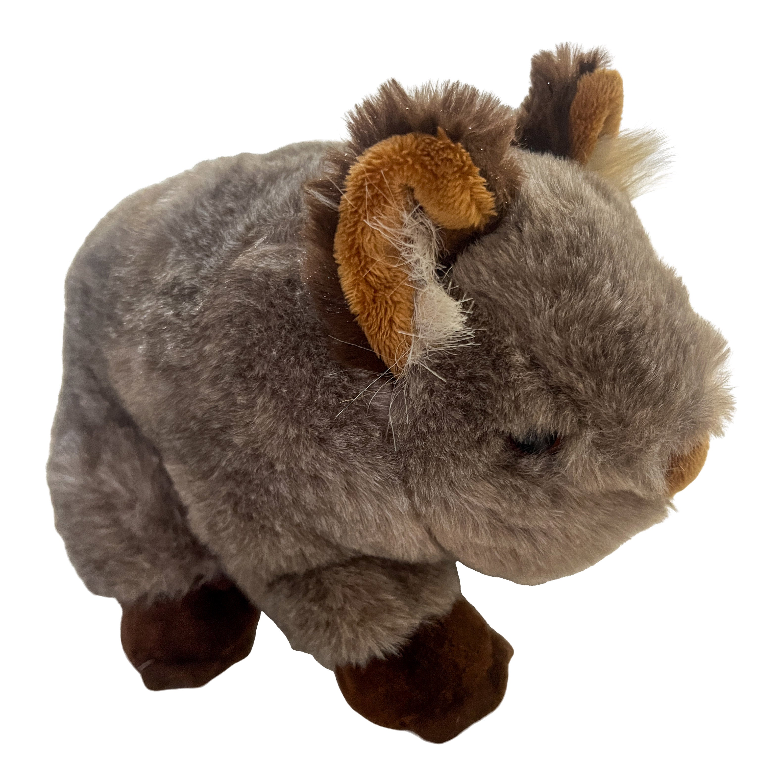 Plush Walter the Wombat soft toy, grey-brown with tan ears and dark brown feet.