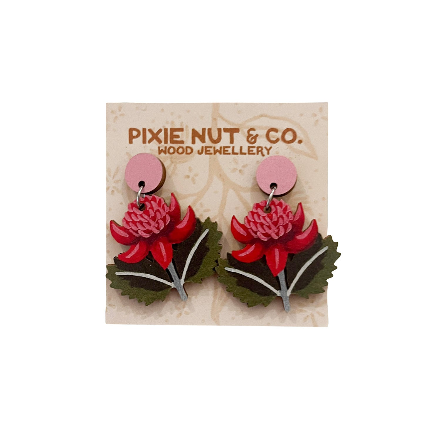 Waratah Dangle Wood Earrings With Sterling Silver Stud Posts