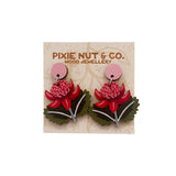 Waratah Dangle Wood Earrings With Sterling Silver Stud Posts