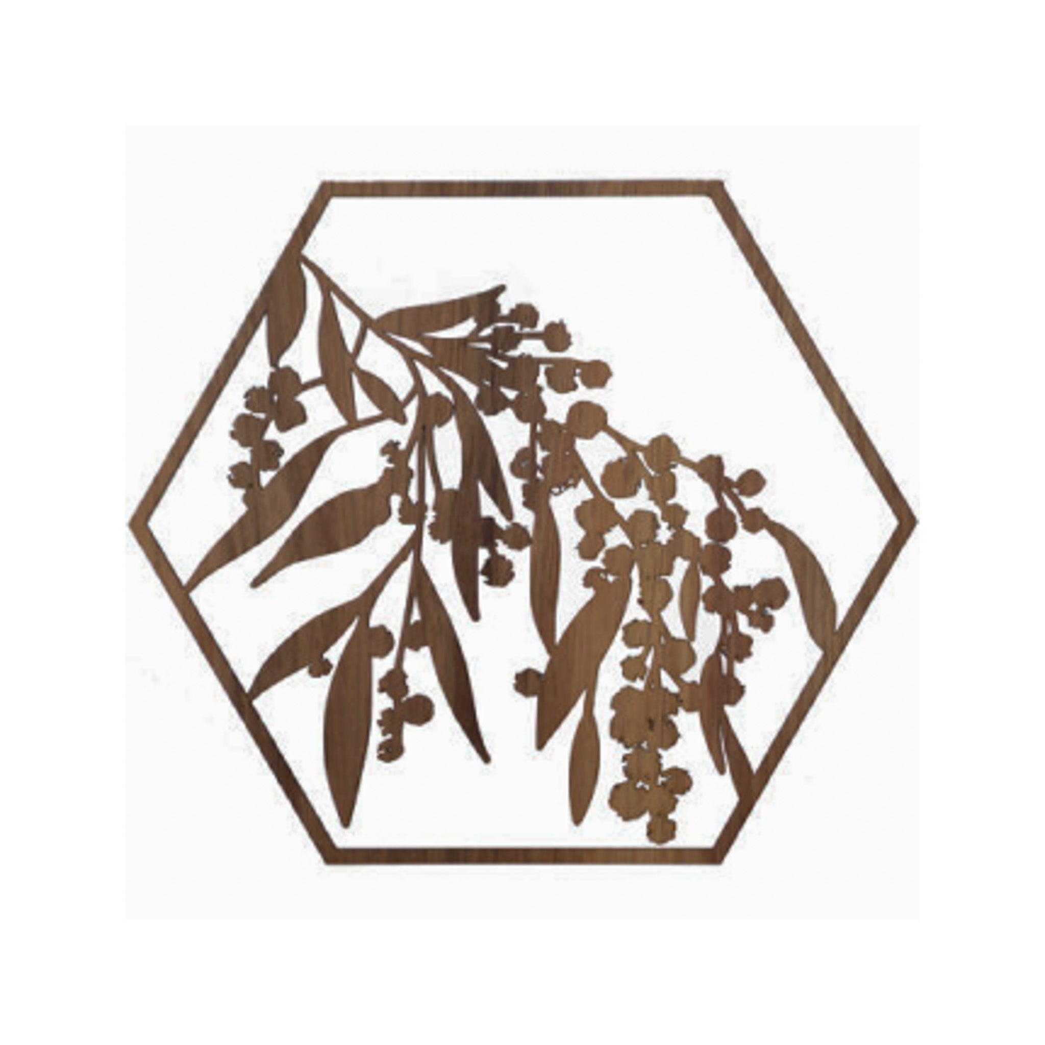 Decorative timber wall art with a golden wattle cut out design in a hexagonal shape on a white background