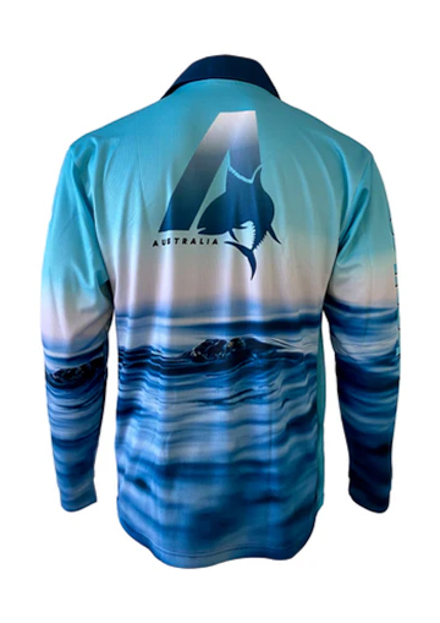Long-sleeve shirt with a shark design and 'Australia' text on a white background