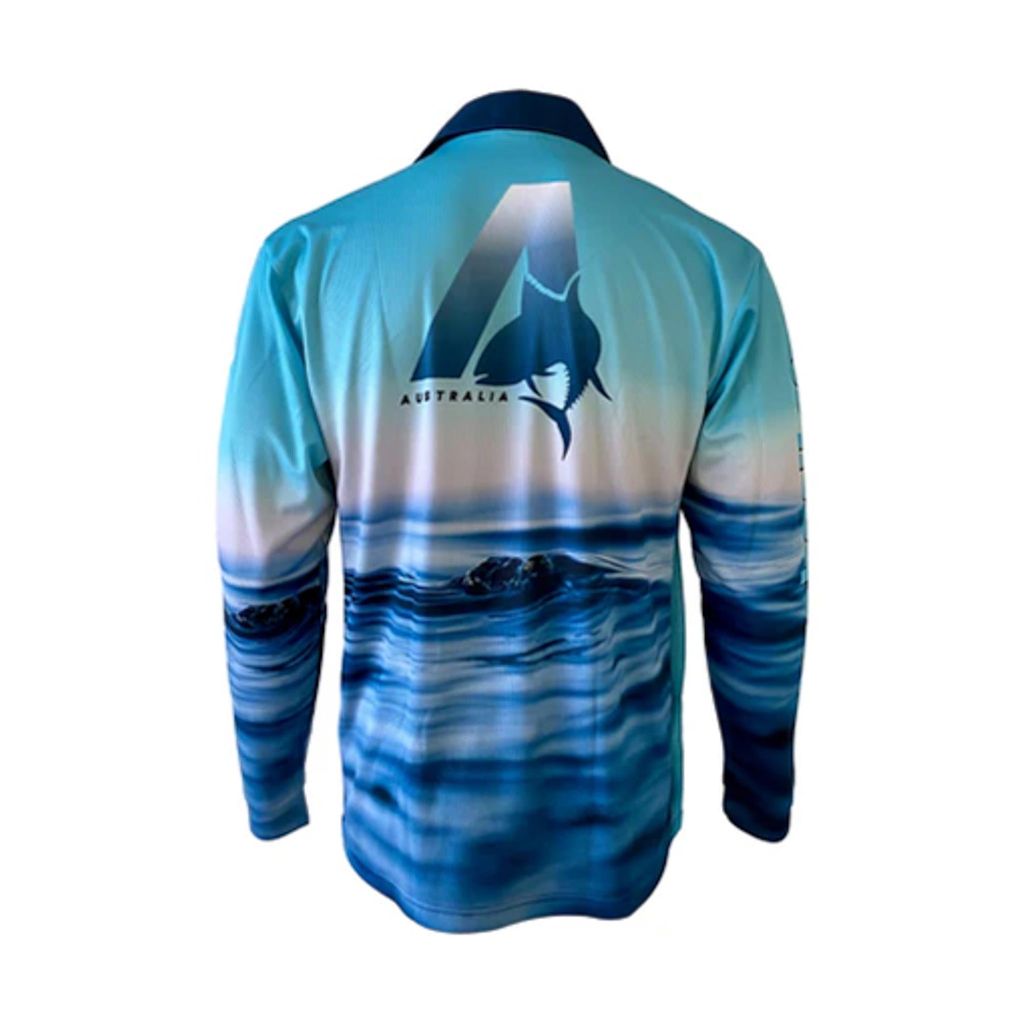 Men's long-sleeve fishing shirt in ocean blue with a Great Barrier Reef print, featuring a marlin logo and vented side panels.