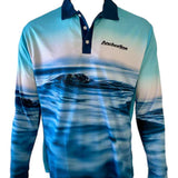 Long-sleeve shirt with ocean wave design and brand logo on a white background