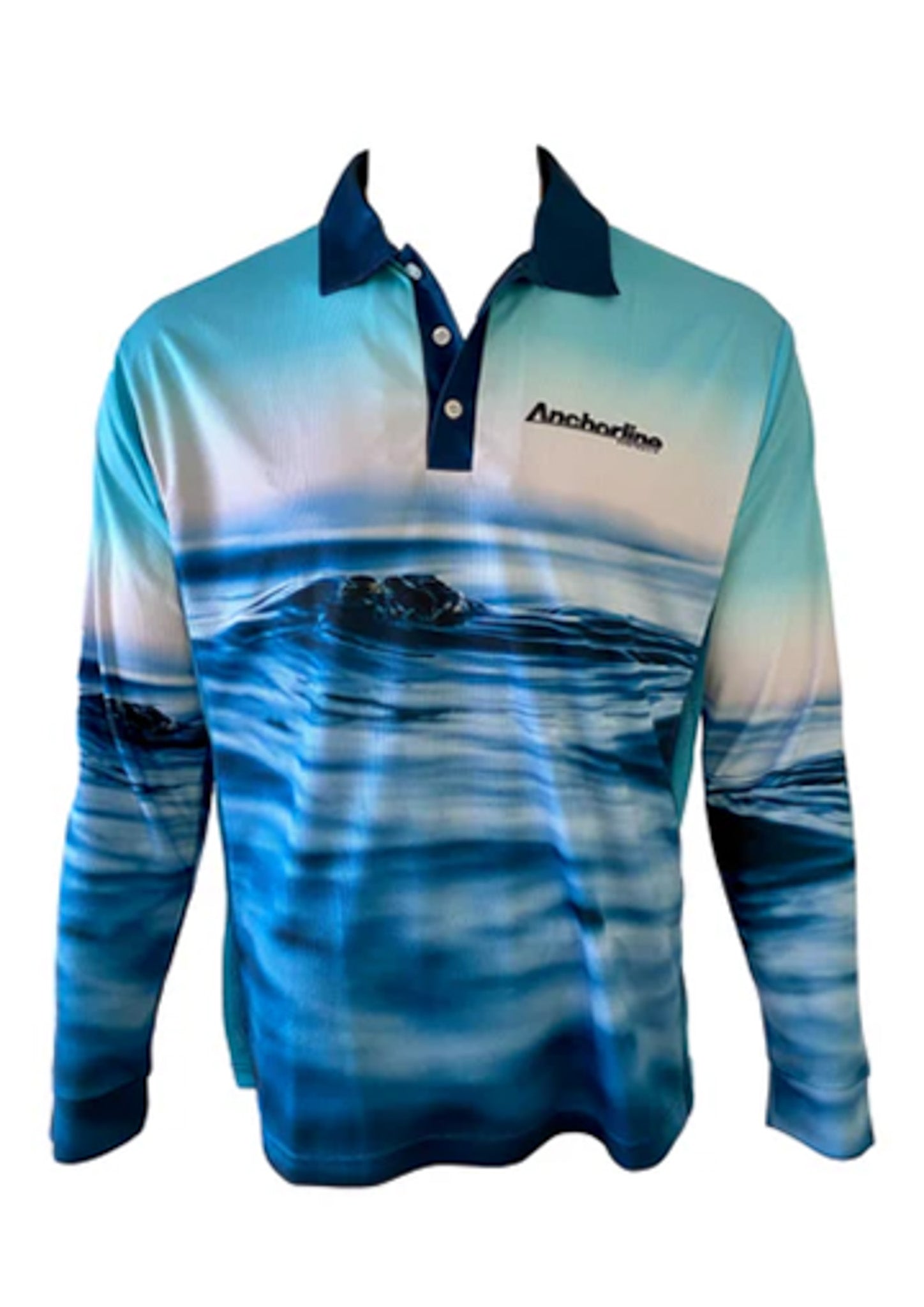 Long-sleeve shirt with ocean wave design and brand logo on a white background