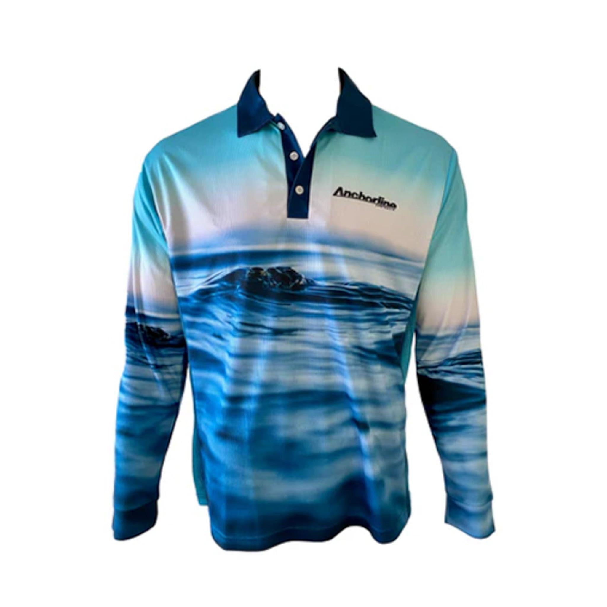 Long-sleeve men's fishing shirt with a blue ocean wave print, dark collar, button placket, and breathable UPF50 fabric.